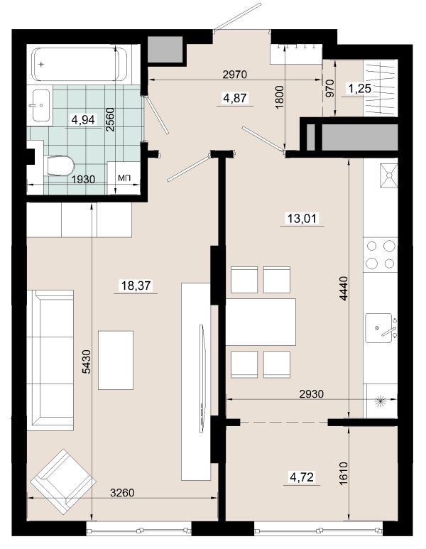 Однокімнатна 47.16 кв.м