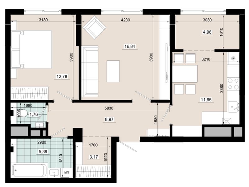 Двокімнатна 65,52 кв.м