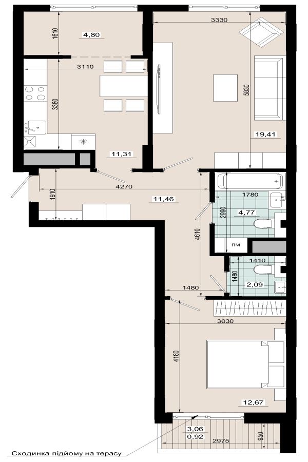 Двокімнатна 67,43 кв.м  /з терасою/