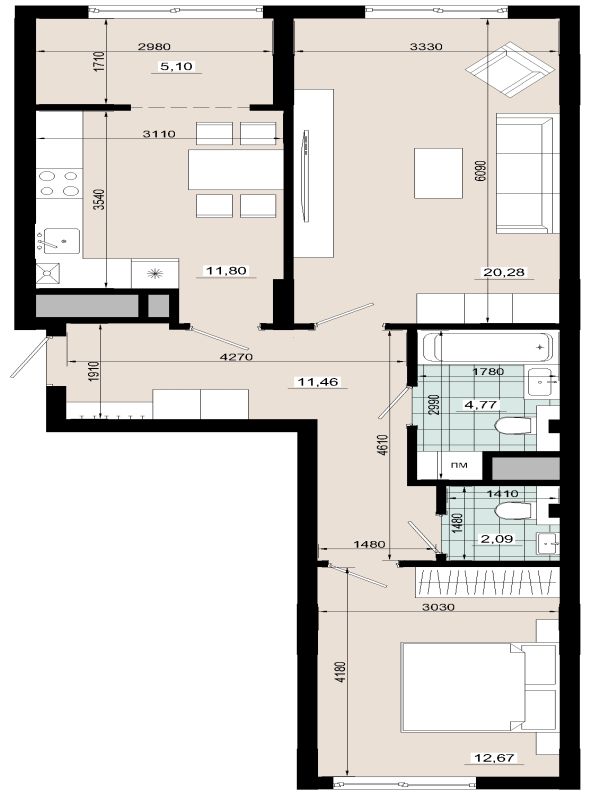 Двокімнатна 68,17 кв.м
