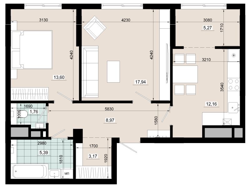 Двокімнатна 68,26 кв.м
