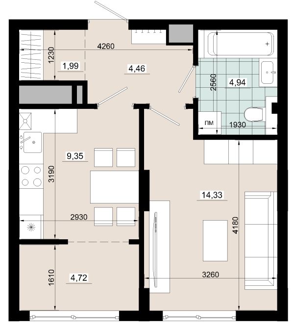 Однокімнатна 39.79 кв.м