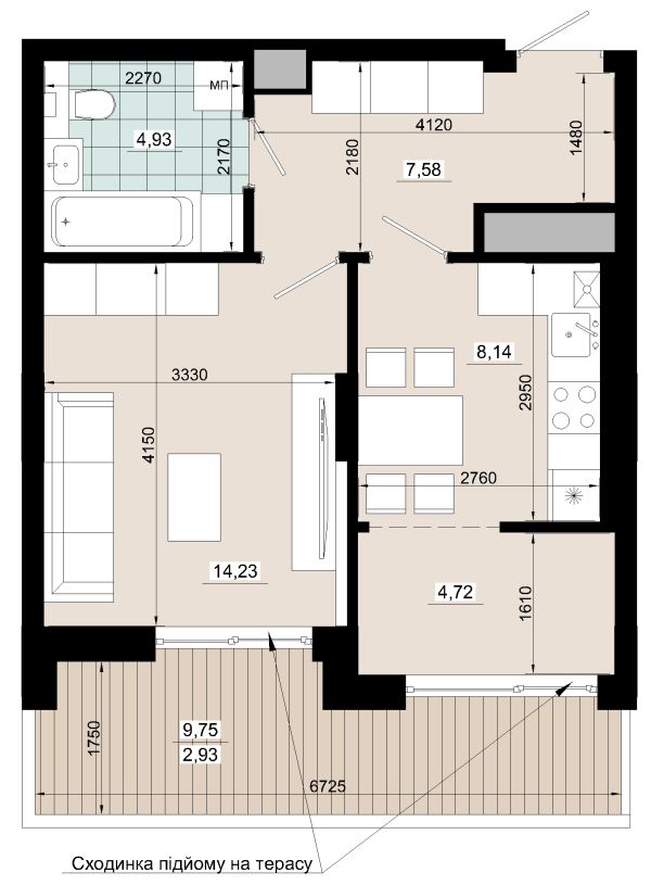 Однокімнатна 42.53 кв.м /з терасою/