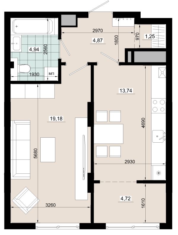 Однокімнатна 48.70 кв.м
