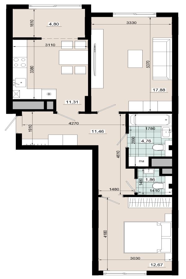 Двокімнатна 64,74 кв.м